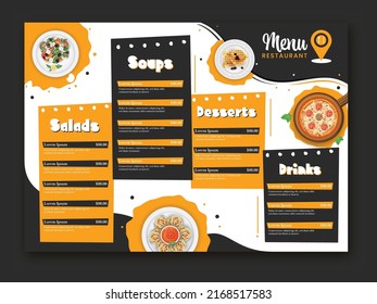 Restaurant Menu Card Template Or Tri-Fold Brochure Layout With Menu Details For Publishing.