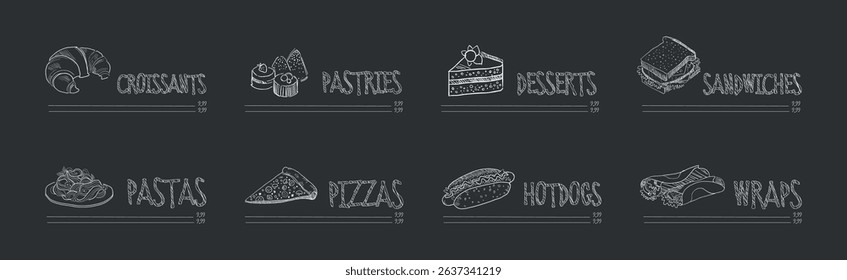 Restaurant Menu Chalk Drawn Dish and Meal Vector Set