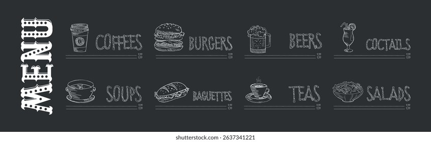 Restaurant Menu Chalk Drawn Dish and Meal Vector Set
