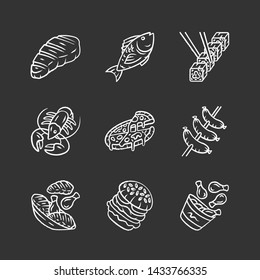 Restaurant menu chalk icons set. Fast food, italian and mediterranean cuisine. Pizza, lobster, steak, burger, sushi, sausages, chicken legs. Isolated vector chalkboard illustrations