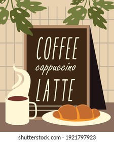 restaurant menu coffee cup and bread on dish vector illustration
