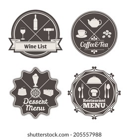 Restaurant menu coffee and tea wine list labels set isolated vector illustration