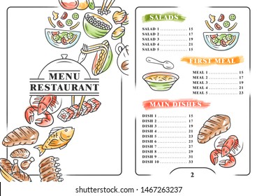 Restaurant menu color template. Salads, first meal, main dishes. Print design with linear icons. Concept vector illustrations. Cafe banner, flyer brochure page with food prices layout