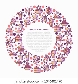 Restaurant menu concept in circle with thin line icons: starters, chef dish, BBQ, soup, beef, steak, beverage, fish, salad, pizza, wine, seafood, burger. Vector illustration for print media, banner.