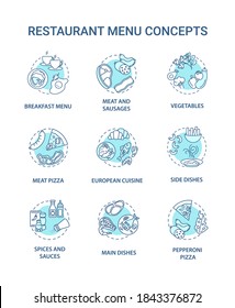 Icons für Speisekarte im Restaurant. Große Auswahl an verschiedenen Speisen. Vollkurse. Die Inhaltsstoffe bieten eine feine RGB-Farbillustration. Vektor-einzelne Rahmenzeichnungen. Bearbeitbarer Hub