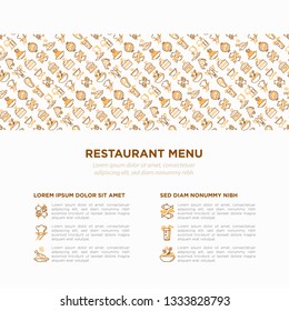 Restaurant menu concept with thin line icons: starters, chef dish, BBQ, soup, beef, steak, beverage, fish, salad, pizza, wine, seafood, burger. Modern vector illustration for print media, banner.