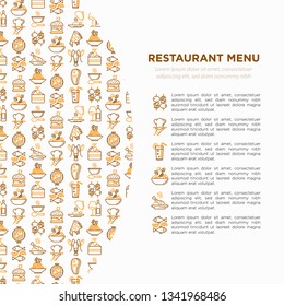 Restaurant menu concept with thin line icons: starters, chef dish, BBQ, soup, beef, steak, beverage, fish, salad, pizza, wine, seafood, burger. Modern vector illustration for print media, banner.