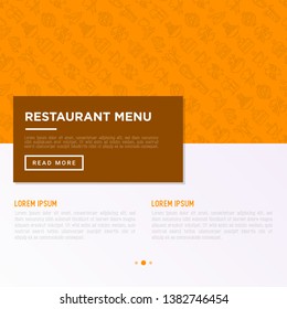Restaurant menu concept with thin line icons: starters, chef dish, BBQ, soup, beef, steak, beverage, fish, salad, pizza, wine, seafood, burger. Modern vector illustration for print media, banner.
