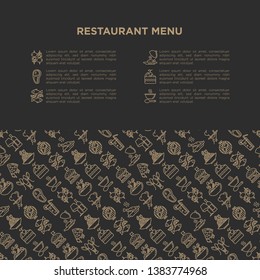 Restaurant menu concept with thin line icons: starters, chef dish, BBQ, soup, beef, steak, beverage, fish, salad, pizza, wine, seafood, burger. Modern vector illustration for print media, banner.