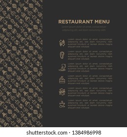 Restaurant menu concept with thin line icons: starters, chef dish, BBQ, soup, beef, steak, beverage, fish, salad, pizza, wine, seafood, burger. Modern vector illustration for print media, banner.