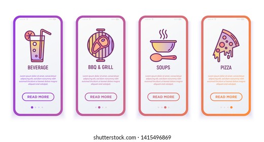 Restaurant menu concept with thin line icons for mobile user interface. Beverage, BBQ, grill, soups, pizza. Modern vector illustration for food delivery.
