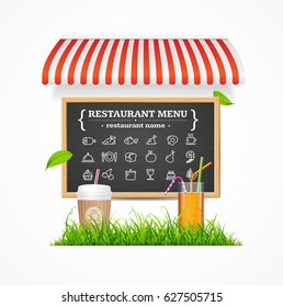 Restaurant Menu Concept witch Tent, Menu Blackboard, Cup of Coffee, Cocktail and Green Grass Line. Vector illustration