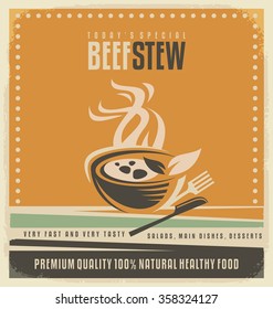 Restaurant menu cover design template. Beef stew retro poster layout. 