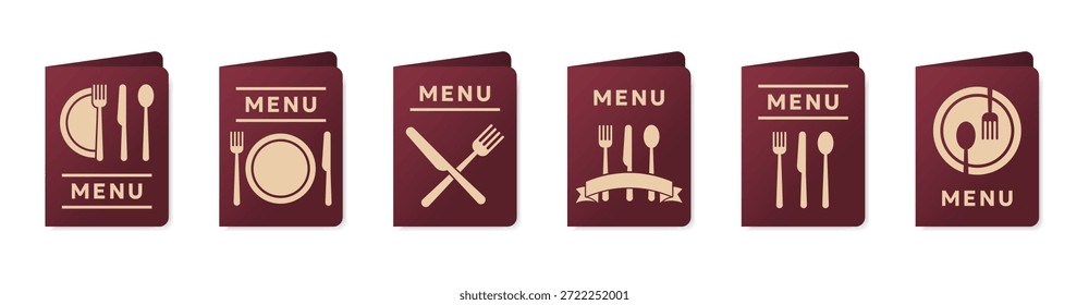 Speisekarte Cover Designs Kollektion in Burgund. Set von Speisekarten mit Bestecksymbolen und eleganten Layouts