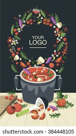 Restaurant menu cover. Set cooking soup for home or restaurant. Party with friends or a family dinner during the weekend. Products for salad, soup and kitchen equipments. Vector flat illustration