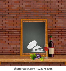 Restaurant menu cover template with brick wall and black board with a bottle of wine on a wooden shelf.