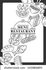Restaurant menu cover template. Fish, pasta, chicken. Nutritious food. Isolated lettering typography idea with linear icons. Vector concept illustrations. Cafe poster, flyer, brochure page layout