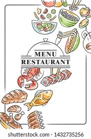 Restaurant menu cover template. Italian, asian cuisine. Isolated lettering typography idea with linear icons. Vector concept illustrations. Restaurant, cafe poster, flyer