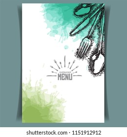 Restaurant menu cover Vector, menu design with fork, Knife, spoon, watercolor design