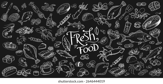 Restaurant menu created with hand-drawn seafood. Includes shrimps, trout, oysters, calamari and lemon details.