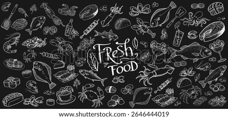 Restaurant menu created with hand-drawn seafood. Includes shrimps, trout, oysters, calamari and lemon details.