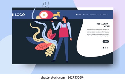 Restaurant menu cuisine and culinary web page template vector man in apron with pig leg on tray recipes cafe delivery service online Internet online table booking or cook or chef master class