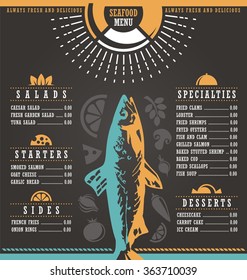 Restaurant menu design. Abstract menu layout concept for seafood cafe bar on dark black background. Document template. Print mock up.