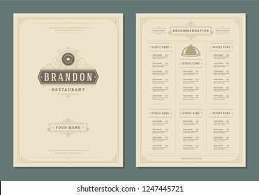 Restaurant menu design brochure template. Food and drinks logo with vintage flourishes ornament decoration. Vector Illustration.