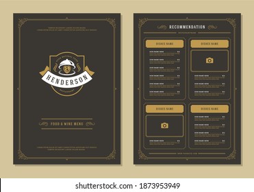 Restaurant menu design brochure template vector illustration. Food and drinks logo with vintage decoration elements. Tray cloche with meat steak silhouette.