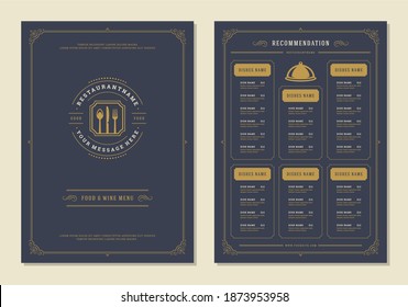 Restaurant menu design brochure template vector illustration. Food and drinks logo with vintage decoration elements. Kitchen tools with fork and knife silhouette.