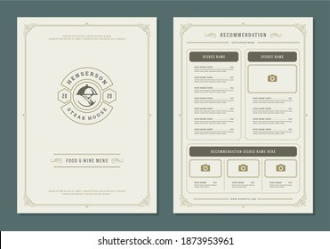 Restaurant menu design brochure template vector illustration. Food and drinks logo with vintage decoration elements. Waiter hand holding dish cloche.