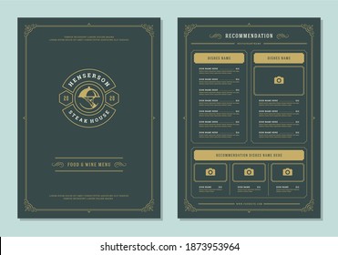 Restaurant menu design brochure template vector illustration. Food and drinks logo with vintage decoration elements. Tray cloche with meat steak silhouette.