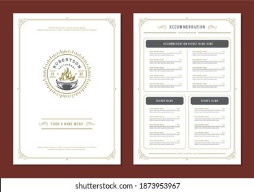 Restaurant menu design brochure template vector illustration. Food and drinks logo with vintage decoration elements. Barbecue grill with flame silhouette.