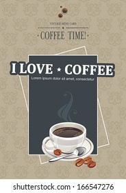 Restaurant menu design for cafe, bar, coffeehouse. Vector illustration with cup coffee.