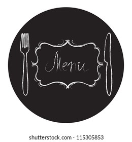 Restaurant menu design. Chalk board with hand drawn knife, fork, curved vintage frame and Menu word. Vector illustration.