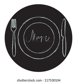 Restaurant menu design. Chalkboard circle with hand drawn knife, fork, plate and Menu word. Vector illustration.