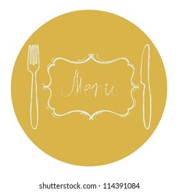 Restaurant menu design. Chalkboard with hand drawn knife, fork, curved vintage frame and Menu word. Vector illustration.