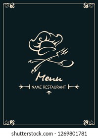 diseño de menú de restaurante con chef, cuchara cruzada y tenedor sobre fondo negro