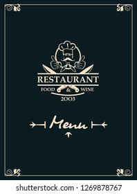 restaurant menu design with chef and crossed knives on black background