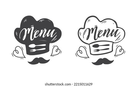 Restaurant menu design with chef's hat and moustache.