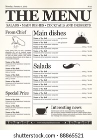 Restaurant menu design. Concept type of old newspaper