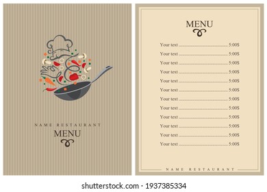 diseño de menú de restaurante con proceso de cocción de verduras en la sartén