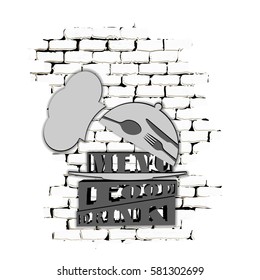 Restaurant Menu Design Cover on a brick wall in black and white colors. Performing on a white background can be used with any image or text.