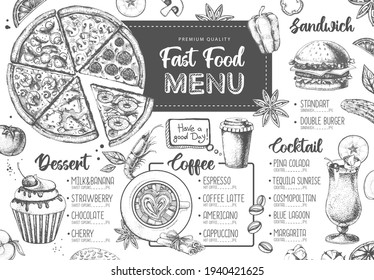 Restaurant menu design. Decorative sketch of pizza, sandwich and dessert. Fast food menu