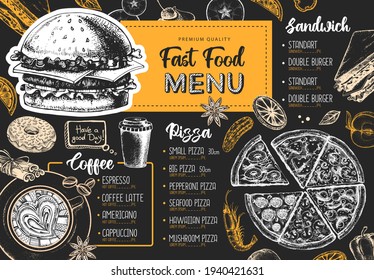 Restaurant menu design. Decorative sketch of pizza, sandwich and dessert. Fast food menu