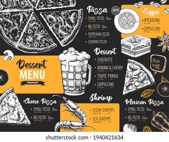 Restaurant menu design. Decorative sketch of pizza, beer and dessert. Fast food menu