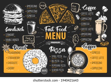 Restaurant menu design. Decorative sketch of pizza, sandwich and dessert. Fast food menu