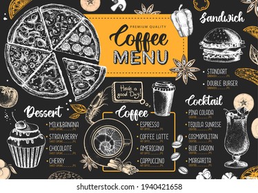 Restaurant menu design. Decorative sketch of pizza, sandwich and dessert. Fast food menu