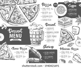 Restaurant menu design. Decorative sketch of pizza, beer and dessert. Fast food menu