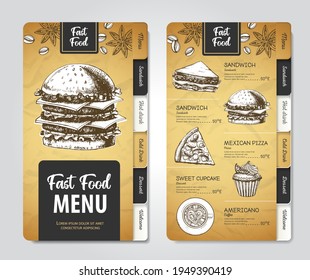 Restaurant menu design. Decorative sketch of pizza, sandwich and dessert. Fast food menu